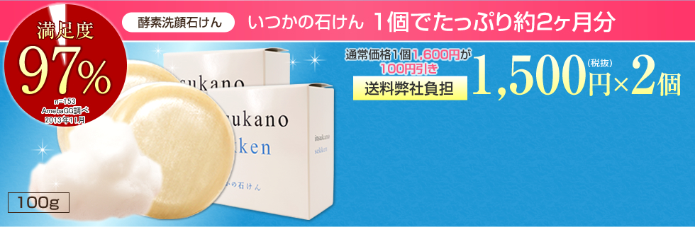 酵素洗顔石けん　いつかの石けん　1個でたっぷり約2ヶ月分　満足度97％　1,500円(税抜)×2個　送料弊社負担　100g